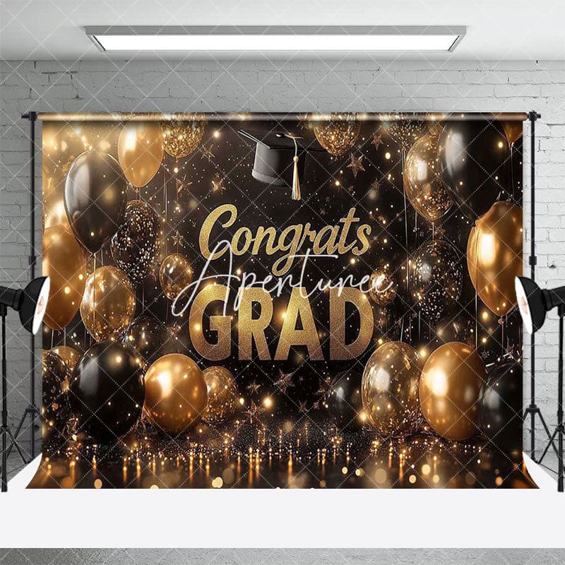Aperturee - Aperturee Gold Black Balloons Bokeh Congrats Grad Backdrop