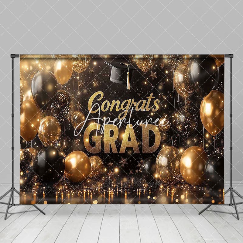 Aperturee - Aperturee Gold Black Balloons Bokeh Congrats Grad Backdrop