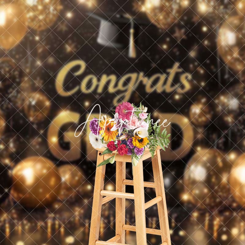 Aperturee - Aperturee Gold Black Balloons Bokeh Congrats Grad Backdrop