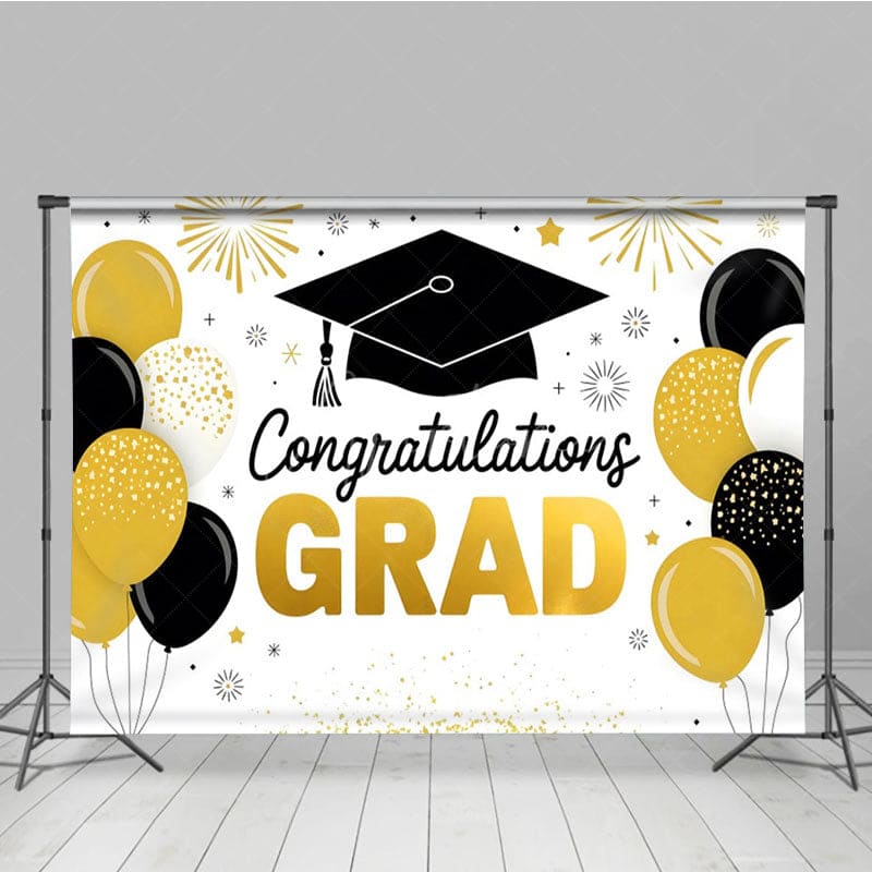 Aperturee - Aperturee Gold Black Balloons White Congrats Grad Backdrop