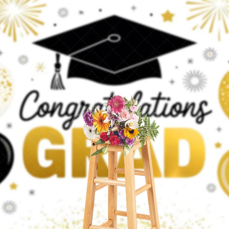 Aperturee - Aperturee Gold Black Balloons White Congrats Grad Backdrop