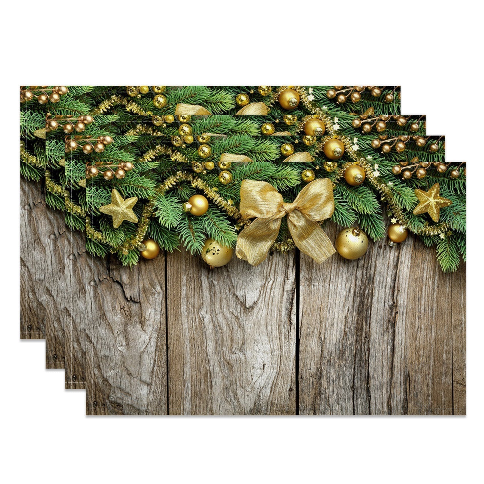 Aperturee - Aperturee Gold Bowknot Leaves Wood Christmas Set Of 4 Placemats