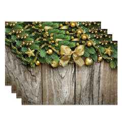 Aperturee - Aperturee Gold Bowknot Leaves Wood Christmas Set Of 4 Placemats