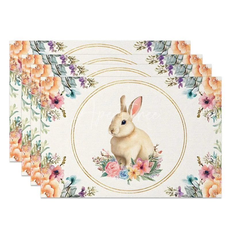 Aperturee - Aperturee Gold Circle Easter Bunny Set of 4 Placemats Orange Pink Floral Rabbit Table Mats for Spring