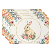 Aperturee - Aperturee Gold Circle Easter Bunny Set of 4 Placemats Orange Pink Floral Rabbit Table Mats for Spring