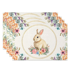 Aperturee - Aperturee Gold Circle Easter Bunny Set of 4 Placemats Orange Pink Floral Rabbit Table Mats for Spring