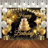 Aperturee - Aperturee Gold Flag Balloons With Cake Happy Birthday Backdrop