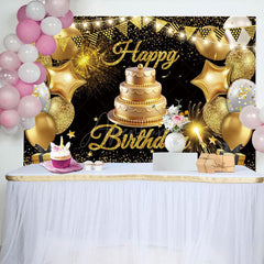 Aperturee - Aperturee Gold Flag Balloons With Cake Happy Birthday Backdrop