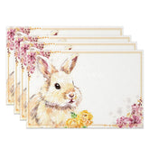 Aperturee - Aperturee Gold Frame Artistic Bunny Set of 4 Placemats Pink Blossom Rabbit Spring Table Mats for Party