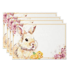 Aperturee - Aperturee Gold Frame Artistic Bunny Set of 4 Placemats Pink Blossom Rabbit Spring Table Mats for Party
