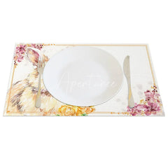 Aperturee - Aperturee Gold Frame Artistic Bunny Set of 4 Placemats Pink Blossom Rabbit Spring Table Mats for Party