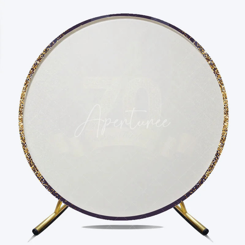 Aperturee - Aperturee Gold Glitter 70th Birthday Round Backdrop Purple and Gold Ribbon Happy Birthday Milestone Party Decoration