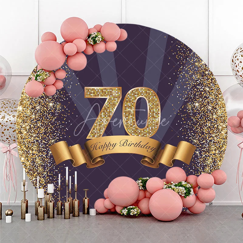 Aperturee - Aperturee Gold Glitter 70th Birthday Round Backdrop Purple and Gold Ribbon Happy Birthday Milestone Party Decoration