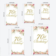 Aperturee - Aperturee Gold Glitter 70th Happy Birthday Rectangle Arch Backdrop Elegant Pink Floral Peonies Celebration Decor