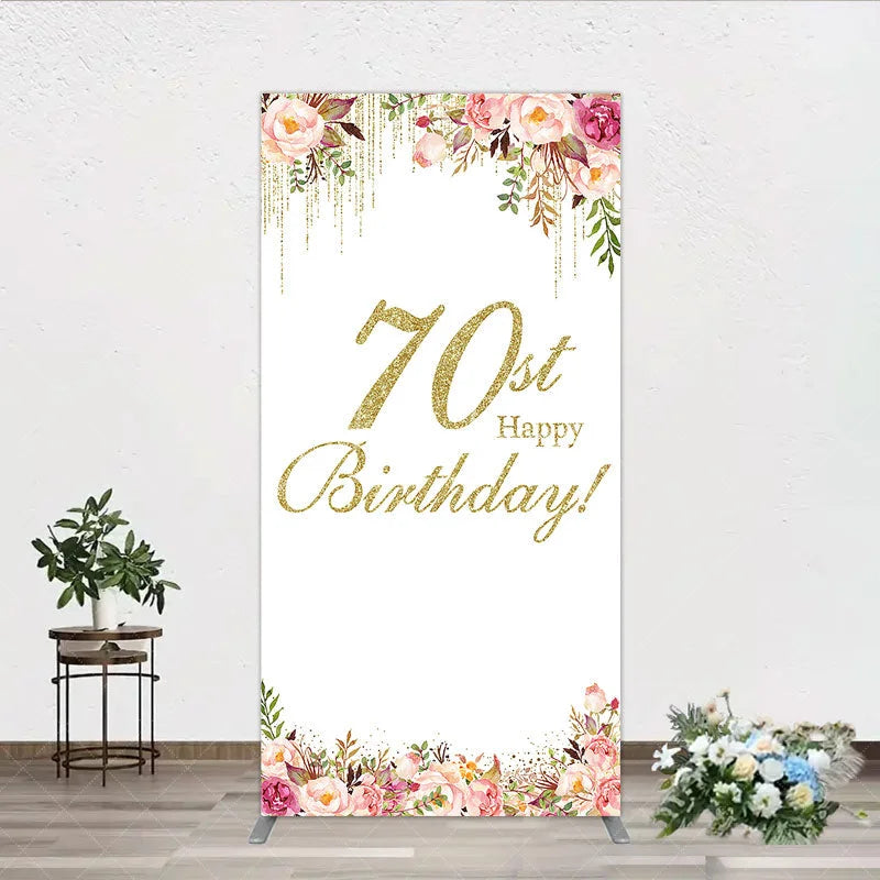 Aperturee - Aperturee Gold Glitter 70th Happy Birthday Rectangle Arch Backdrop Elegant Pink Floral Peonies Celebration Decor
