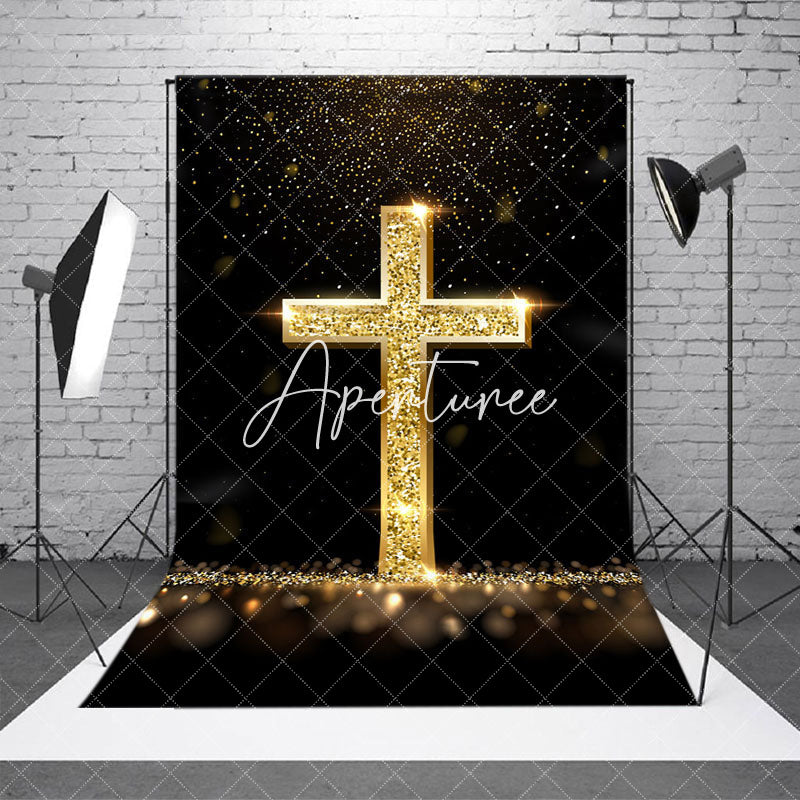 Aperturee - Aperturee Gold Glitter Cross Black Bokeh Easter Photo Backdrop
