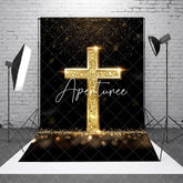 Aperturee - Aperturee Gold Glitter Cross Black Bokeh Easter Photo Backdrop
