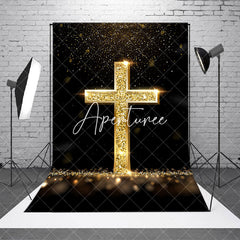 Aperturee - Aperturee Gold Glitter Cross Black Bokeh Easter Photo Backdrop