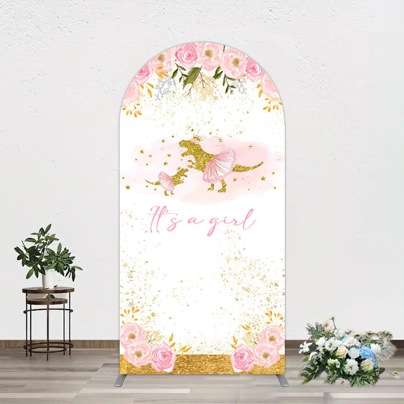 Aperturee - Aperturee Gold Glitter Dinosaur Floral Baby Shower Arch Backdrop