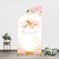 Aperturee - Aperturee Gold Glitter Dinosaur Floral Baby Shower Half Moon Arch Backdrop