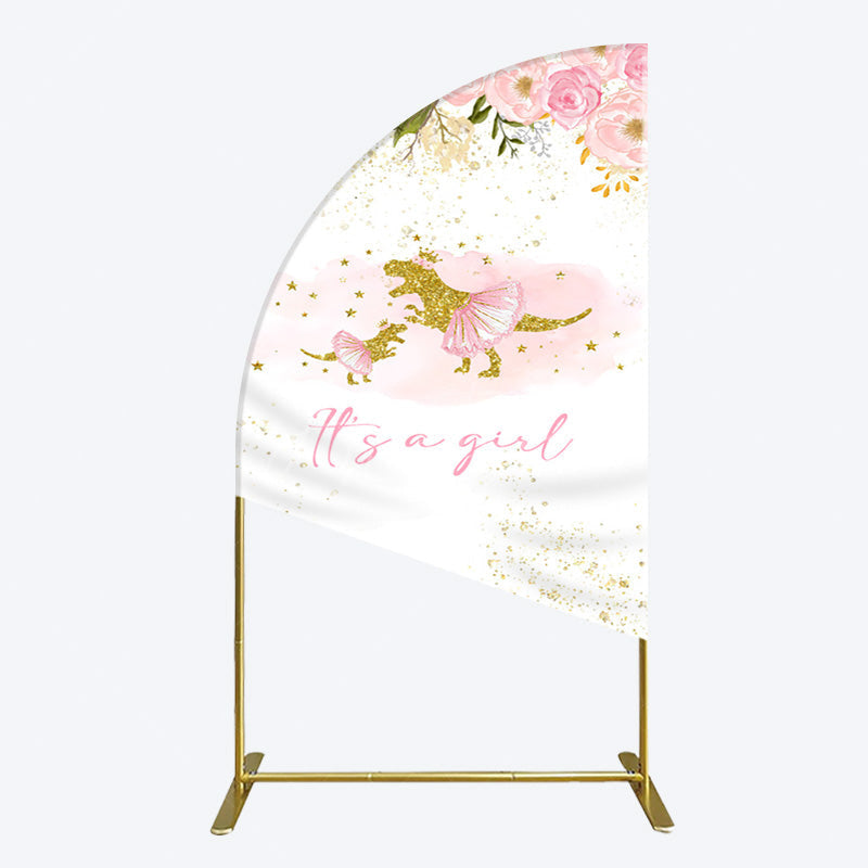 Aperturee - Aperturee Gold Glitter Dinosaur Floral Baby Shower Half Moon Arch Backdrop