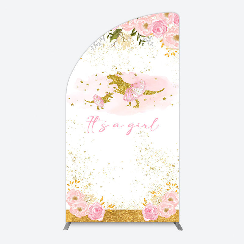 Aperturee - Aperturee Gold Glitter Dinosaur Floral Baby Shower Half Moon Arch Backdrop