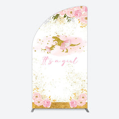 Aperturee - Aperturee Gold Glitter Dinosaur Floral Baby Shower Half Moon Arch Backdrop