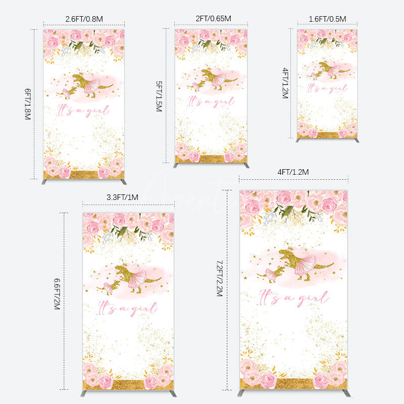 Aperturee - Aperturee Gold Glitter Dinosaur Floral Baby Shower Rectangle Backdrop