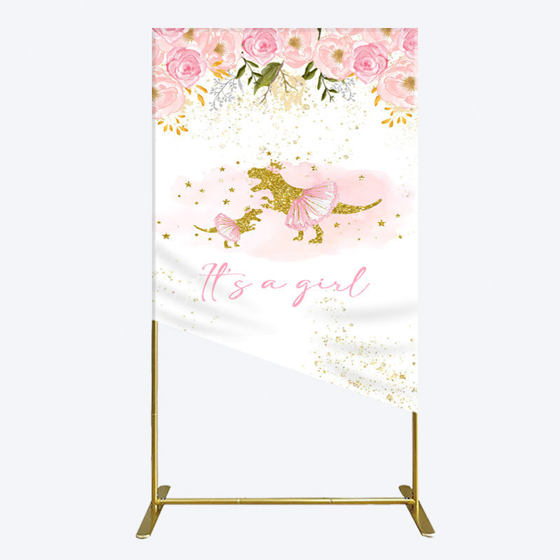 Aperturee - Aperturee Gold Glitter Dinosaur Floral Baby Shower Rectangle Backdrop