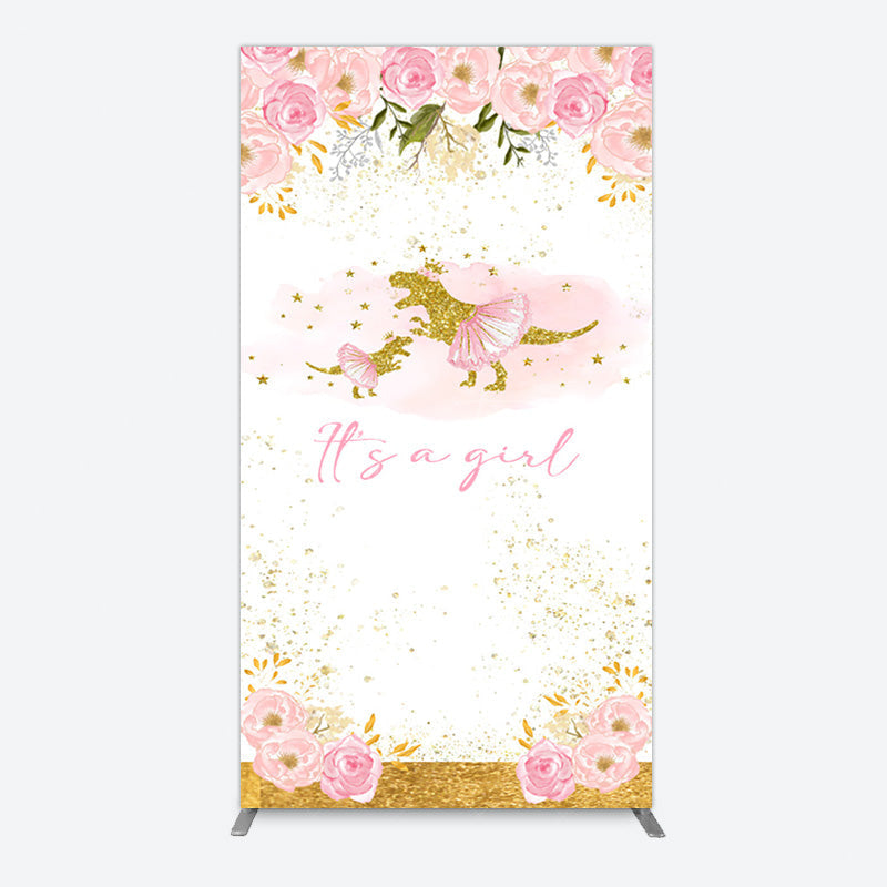 Aperturee - Aperturee Gold Glitter Dinosaur Floral Baby Shower Rectangle Backdrop