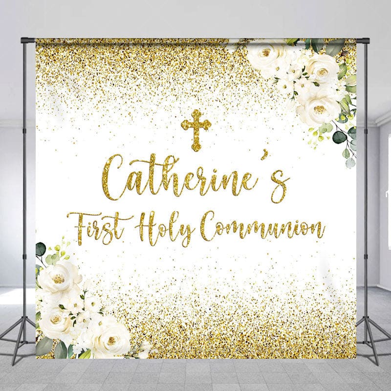 Aperturee - Aperturee Gold Glitter First Holy Communion Custom Name Backdrop