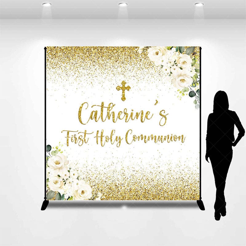 Aperturee - Aperturee Gold Glitter First Holy Communion Custom Name Backdrop