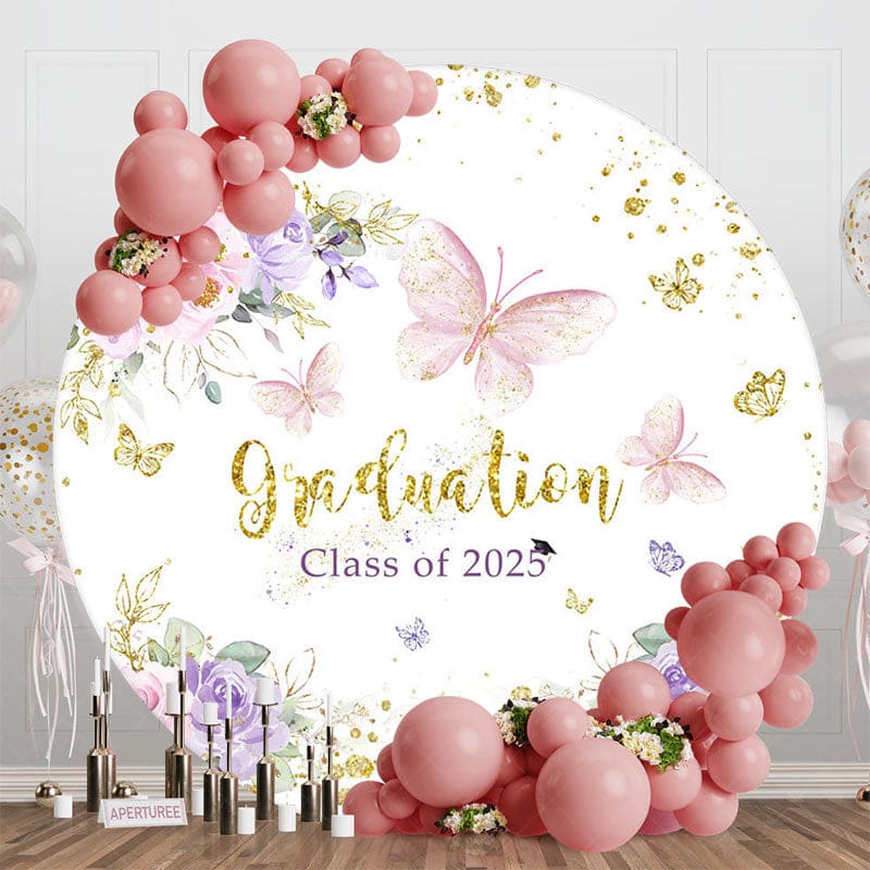 Aperturee - Aperturee Gold Glitter Floral Round Congrats Graduation Backdrop