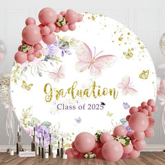 Aperturee - Aperturee Gold Glitter Floral Round Congrats Graduation Backdrop