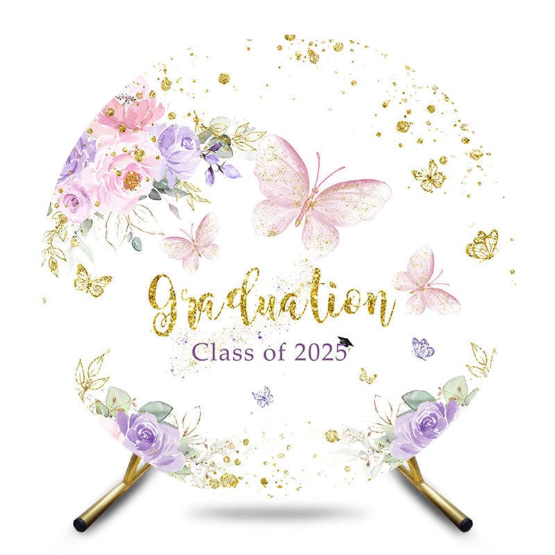 Aperturee - Aperturee Gold Glitter Floral Round Congrats Graduation Backdrop