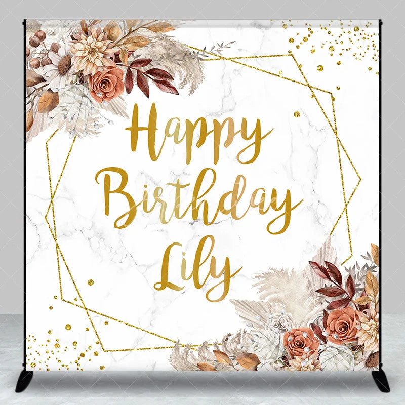 Aperturee - Aperturee Gold Glitter Geometric Custom Birthday Backdrop with Boho Floral and Marble Texture Happy Birthday Party Decor.