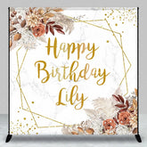 Aperturee - Aperturee Gold Glitter Geometric Custom Birthday Backdrop with Boho Floral and Marble Texture Happy Birthday Party Decor.