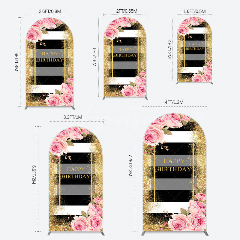Aperturee - Aperturee Gold Glitter Pink Rose Stripe Birthday Arch Backdrop