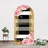 Aperturee - Aperturee Gold Glitter Pink Rose Stripe Birthday Arch Backdrop