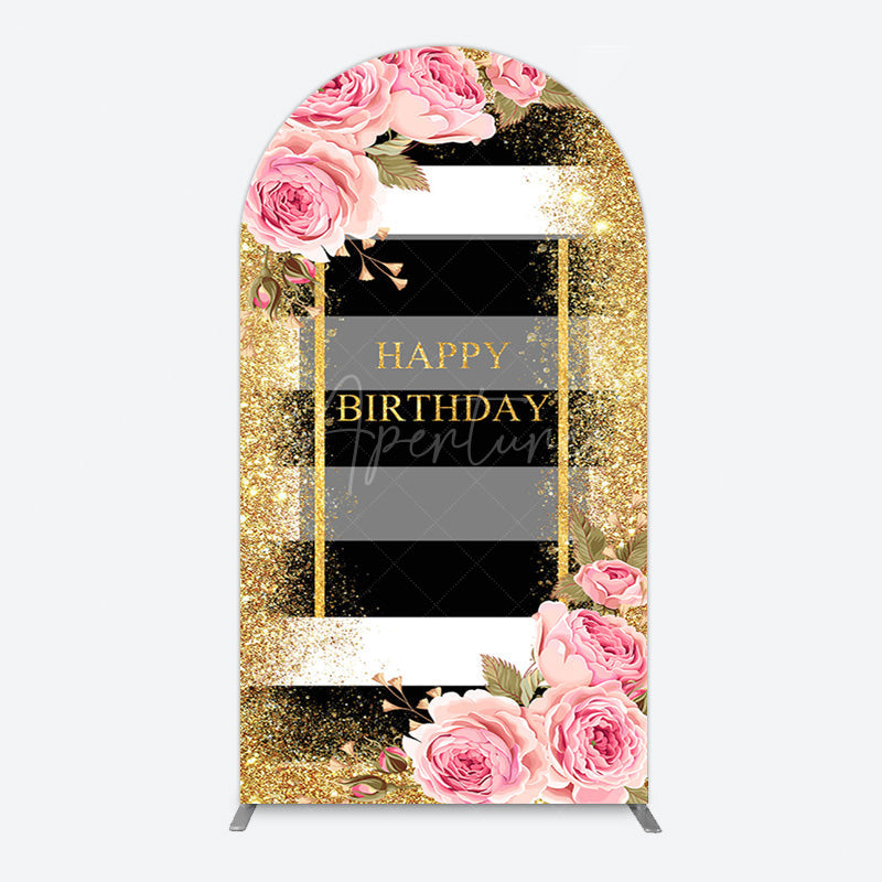 Aperturee - Aperturee Gold Glitter Pink Rose Stripe Birthday Arch Backdrop