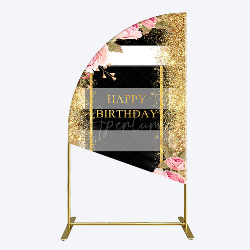 Aperturee - Aperturee Gold Glitter Pink Rose Stripe Birthday Half Moon Arch Backdrop