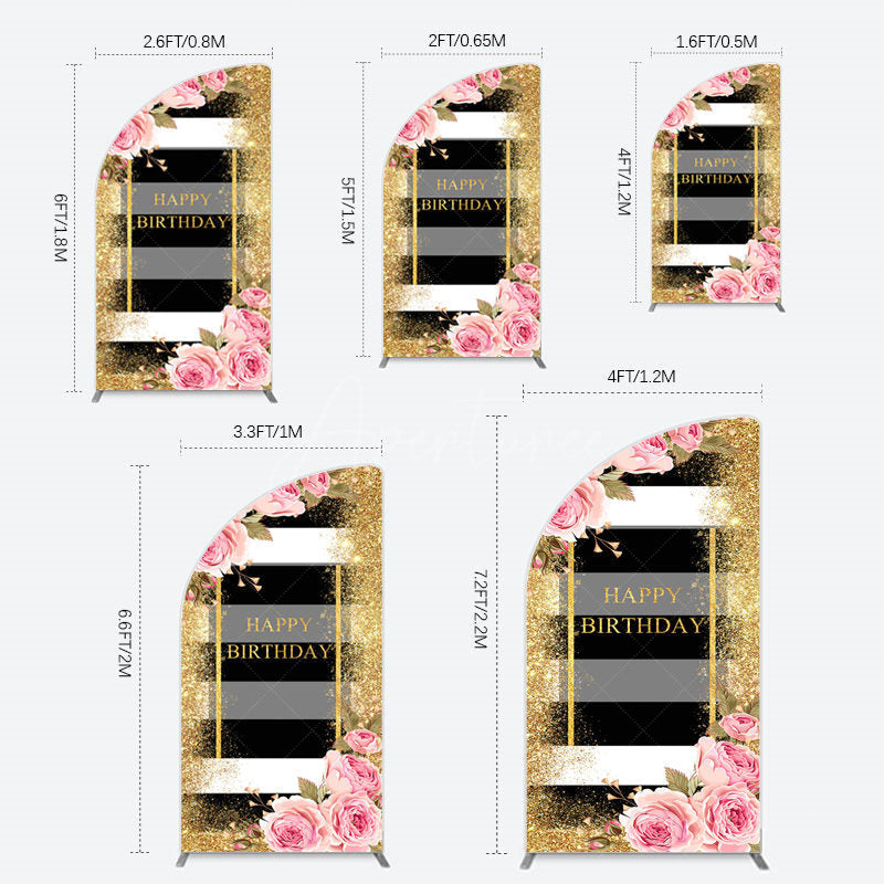 Aperturee - Aperturee Gold Glitter Pink Rose Stripe Birthday Half Moon Arch Backdrop