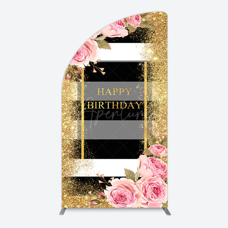Aperturee - Aperturee Gold Glitter Pink Rose Stripe Birthday Half Moon Arch Backdrop