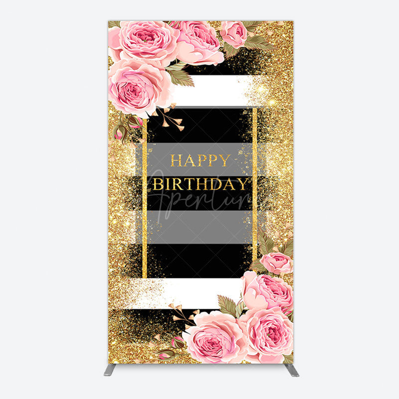 Aperturee - Aperturee Gold Glitter Pink Rose Stripe Birthday Rectangle Backdrop