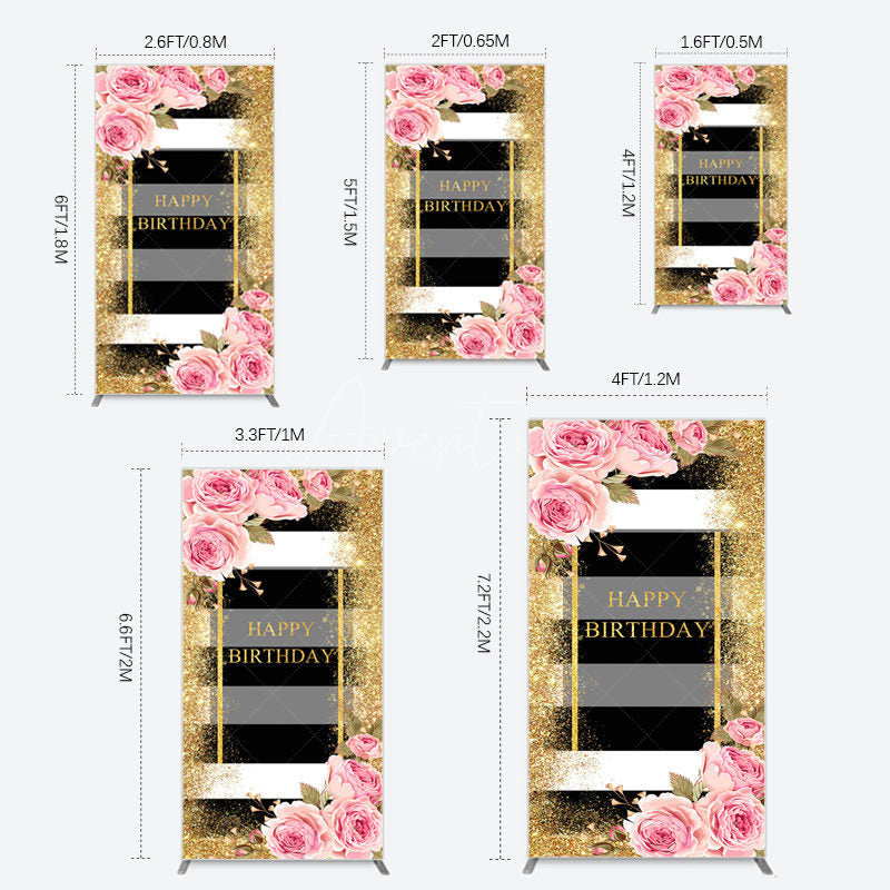 Aperturee - Aperturee Gold Glitter Pink Rose Stripe Birthday Rectangle Backdrop