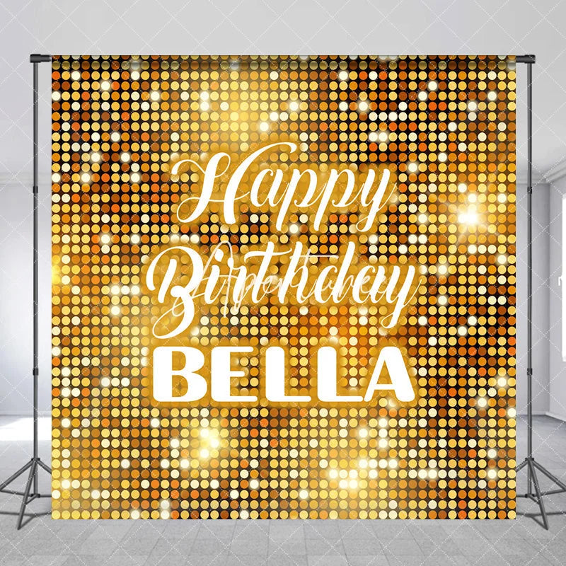 Aperturee - Aperturee Gold Glitter Shimmering Custom Birthday Backdrop with Happy Birthday and Any Name Festive Party Decor