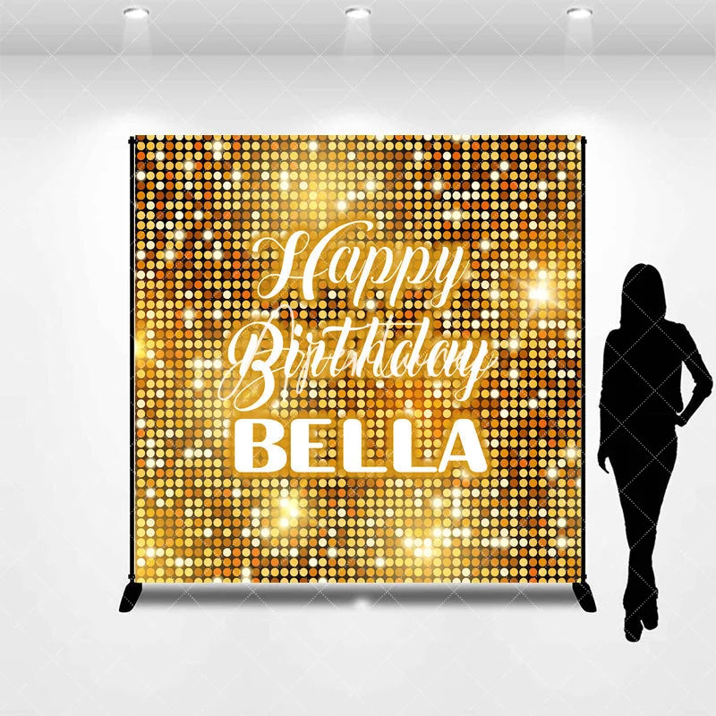 Aperturee - Aperturee Gold Glitter Shimmering Custom Birthday Backdrop with Happy Birthday and Any Name Festive Party Decor