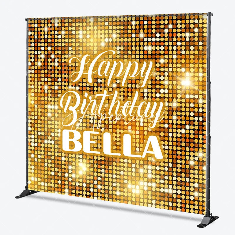 Aperturee - Aperturee Gold Glitter Shimmering Custom Birthday Backdrop with Happy Birthday and Any Name Festive Party Decor