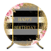 Aperturee - Aperturee Gold Glitter Stripe Floral Round Birthday Backdrop