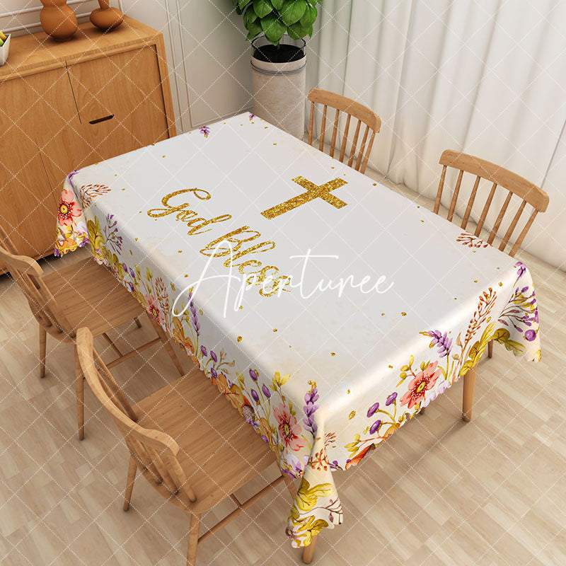 Aperturee - Aperturee Gold God Bless Baptism Party Rectangular Tablecloth